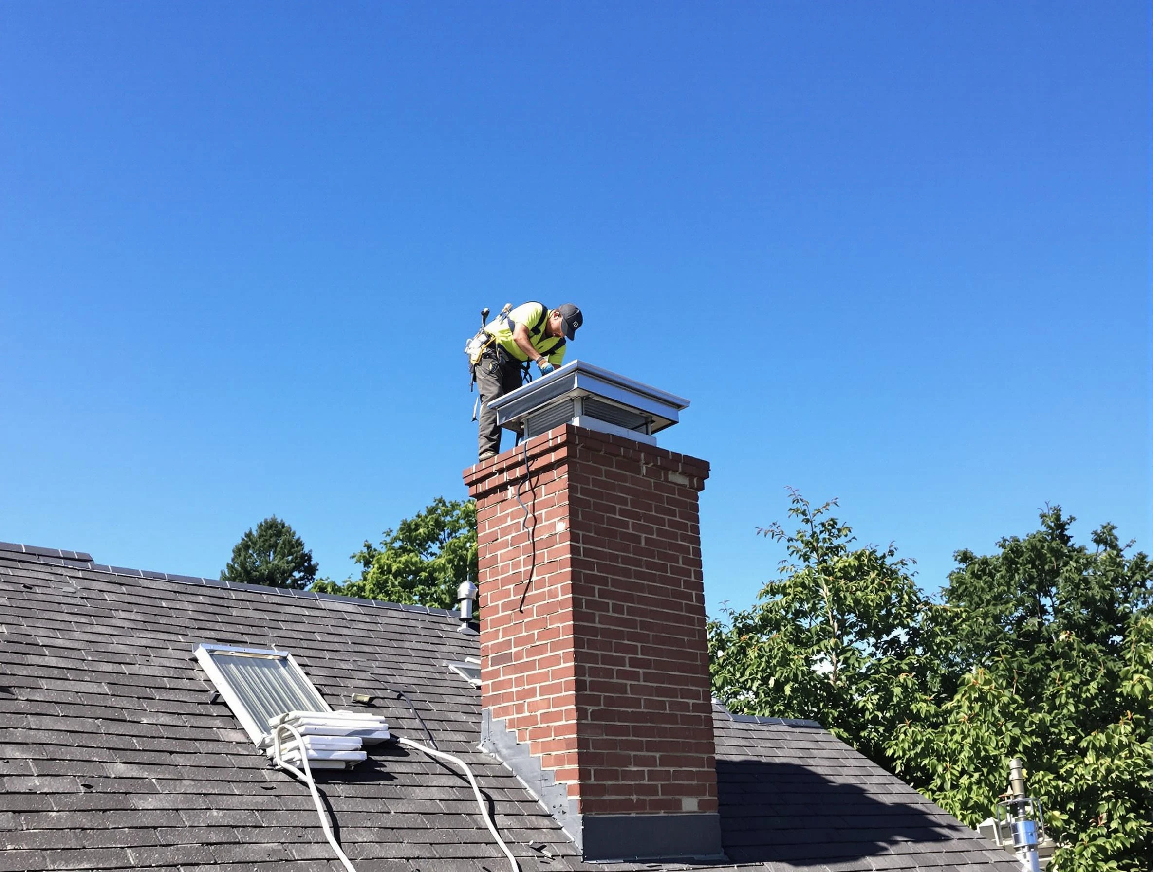 Montevallo Chimney Sweep technician measuring a chimney cap in Montevallo, AL