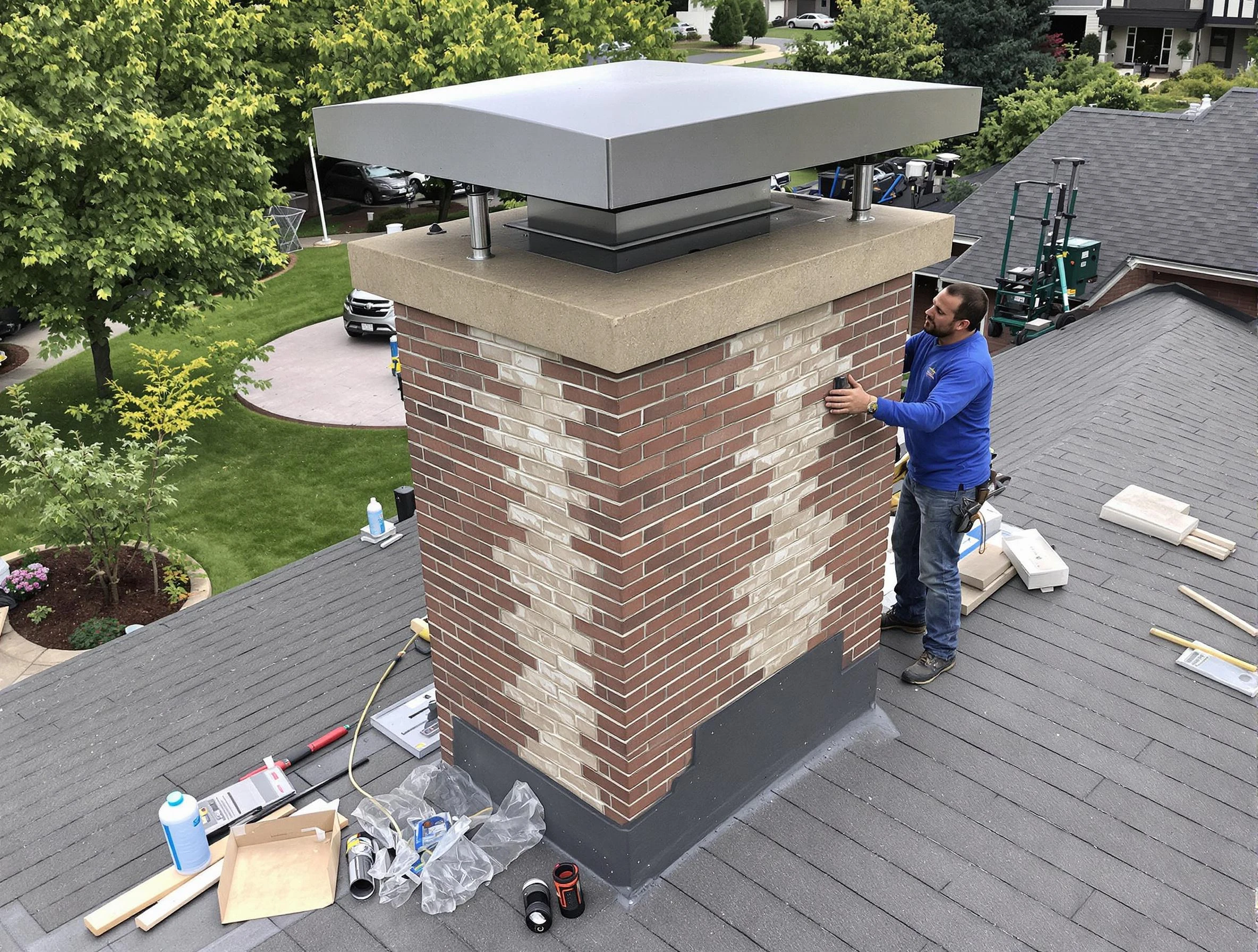 Montevallo Chimney Sweep team working on a custom chimney remodel in Montevallo, AL